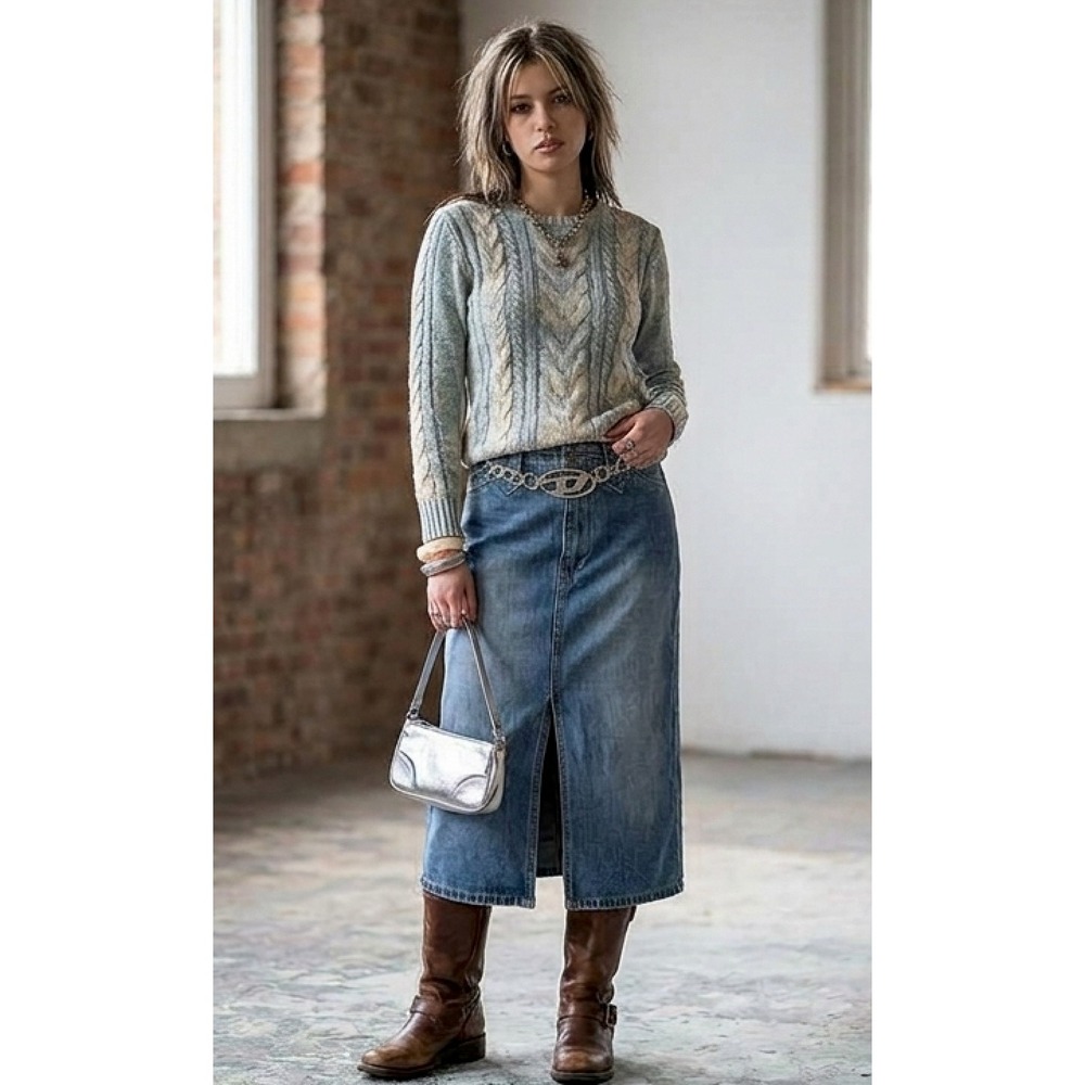 VTG Y2K Denim Pencil Skirt 9 Jean Front Slit Mid Rise 90s Classic Retro Western